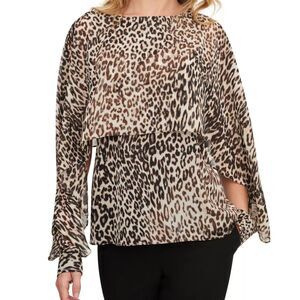 2000s DKNY Medium Flowy Leopard Print Tiered Top with Butterfly Sleeves